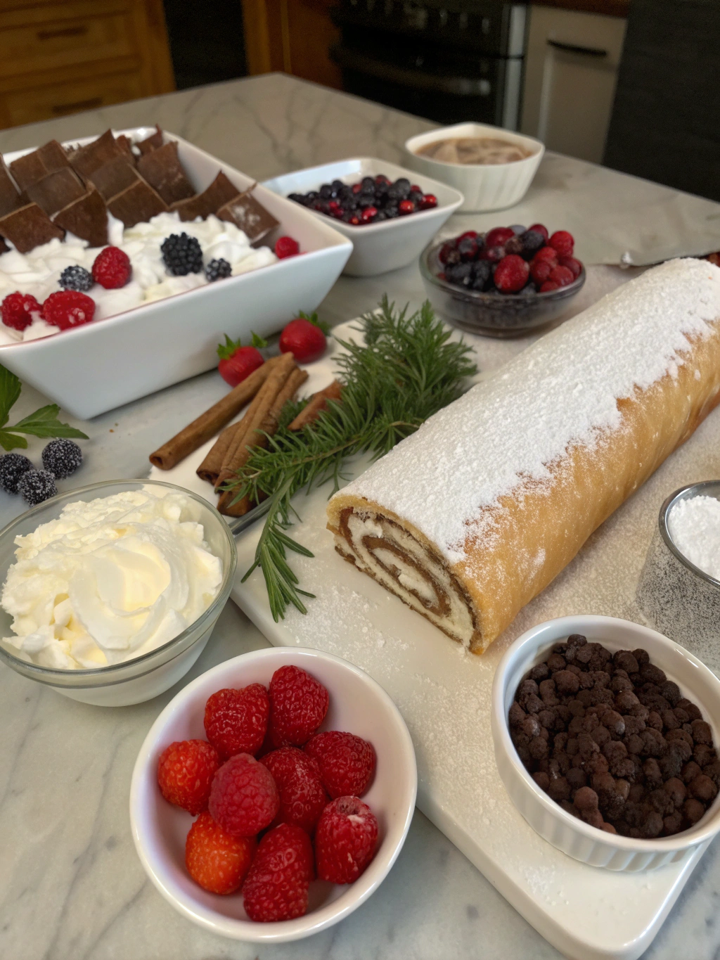 Classic Yule Log (Bûche de Noël) ingredients arranged on a wooden table