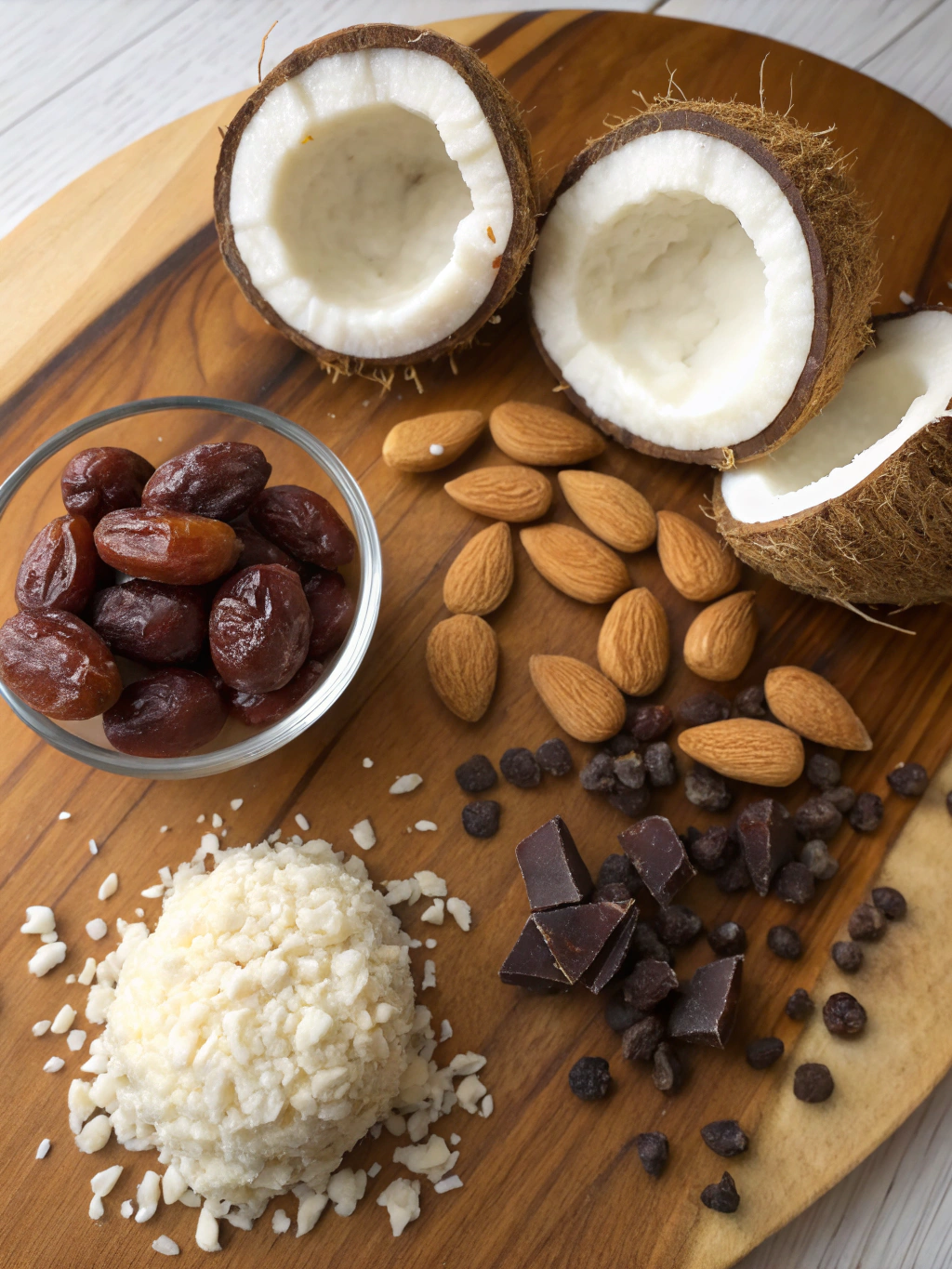 Ingredients for Coconut Almond Bliss Balls laid out on a wooden cutting board