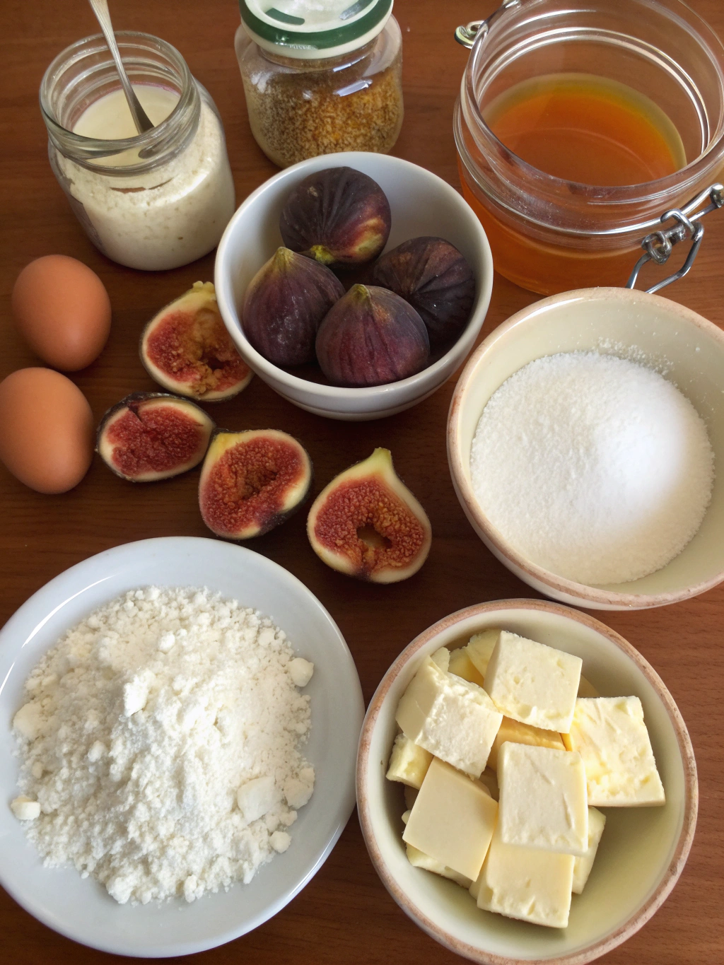 Ingredients for Honey Fig Upside-Down Cake laid out on a wooden table