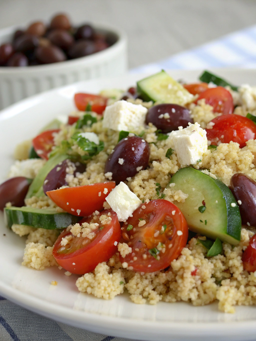 Ingredients for Mediterranean Quinoa Salad with Feta arranged on a wooden table
