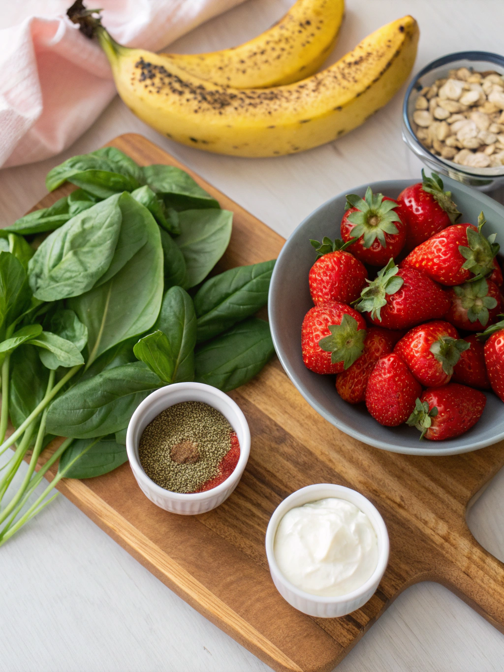 Fresh ingredients for Strawberry Basil Smoothie