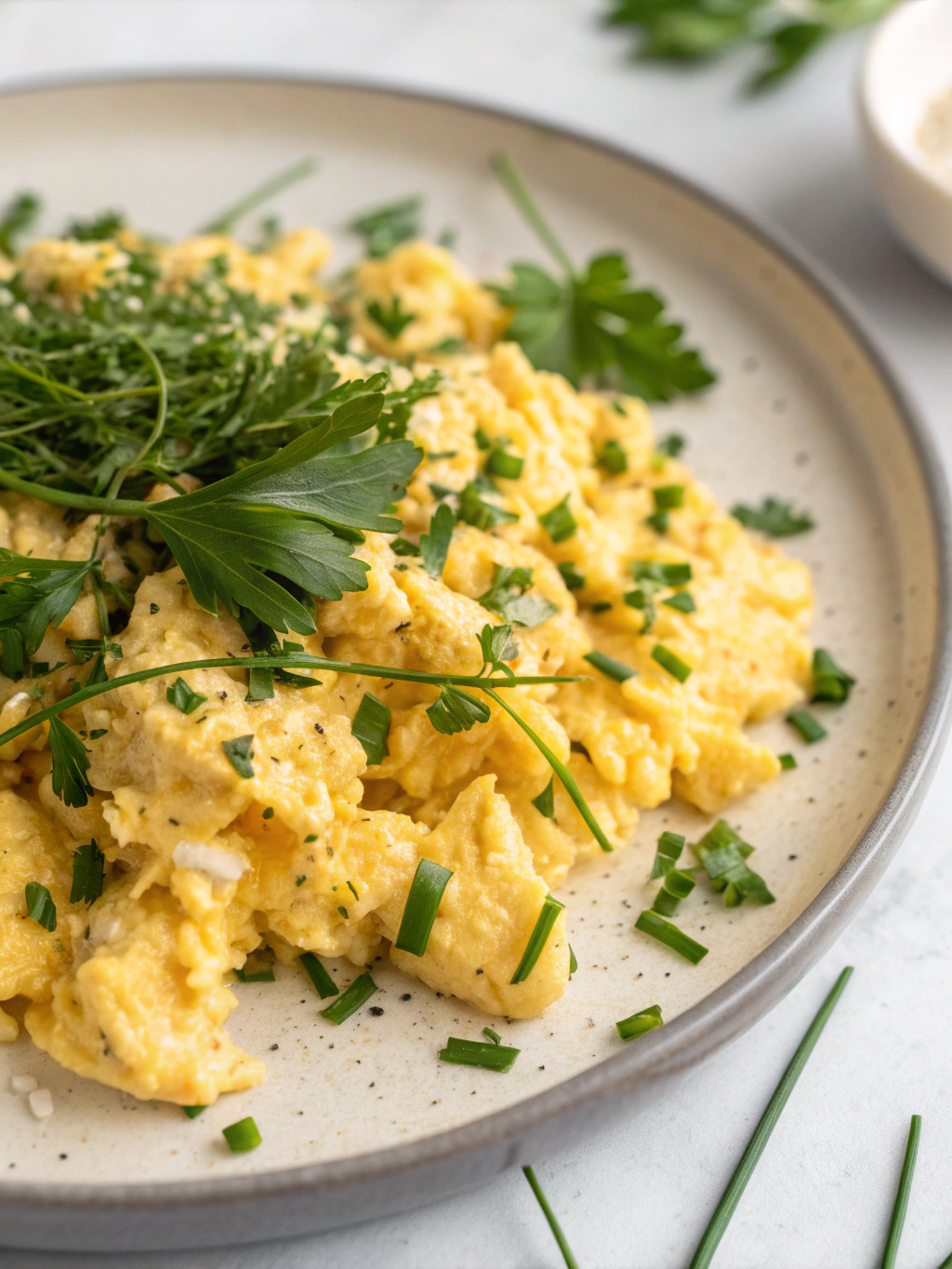 Ingredients for Thermomix Scrambled Eggs with Herbs laid out on a wooden cutting board, including fresh eggs, butter, cream, chives, parsley, and dill.