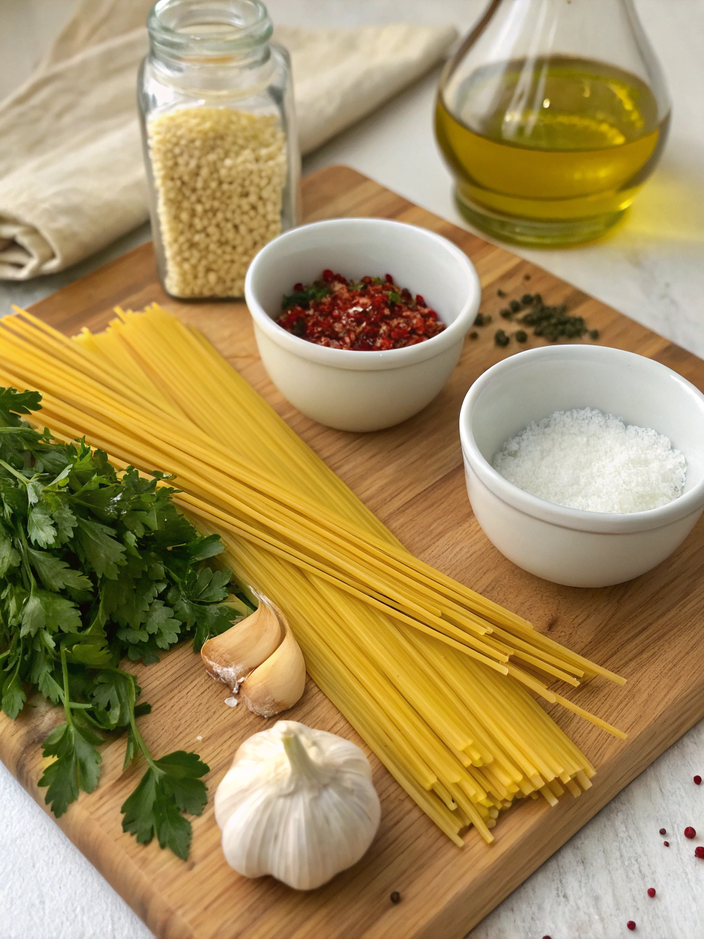 Ingredients for Thermomix Spaghetti Aglio e Olio laid out on a wooden cutting board