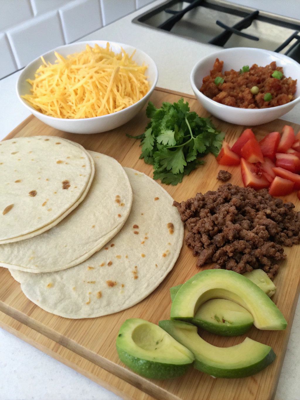 Taco ingredients laid out on a wooden cutting board