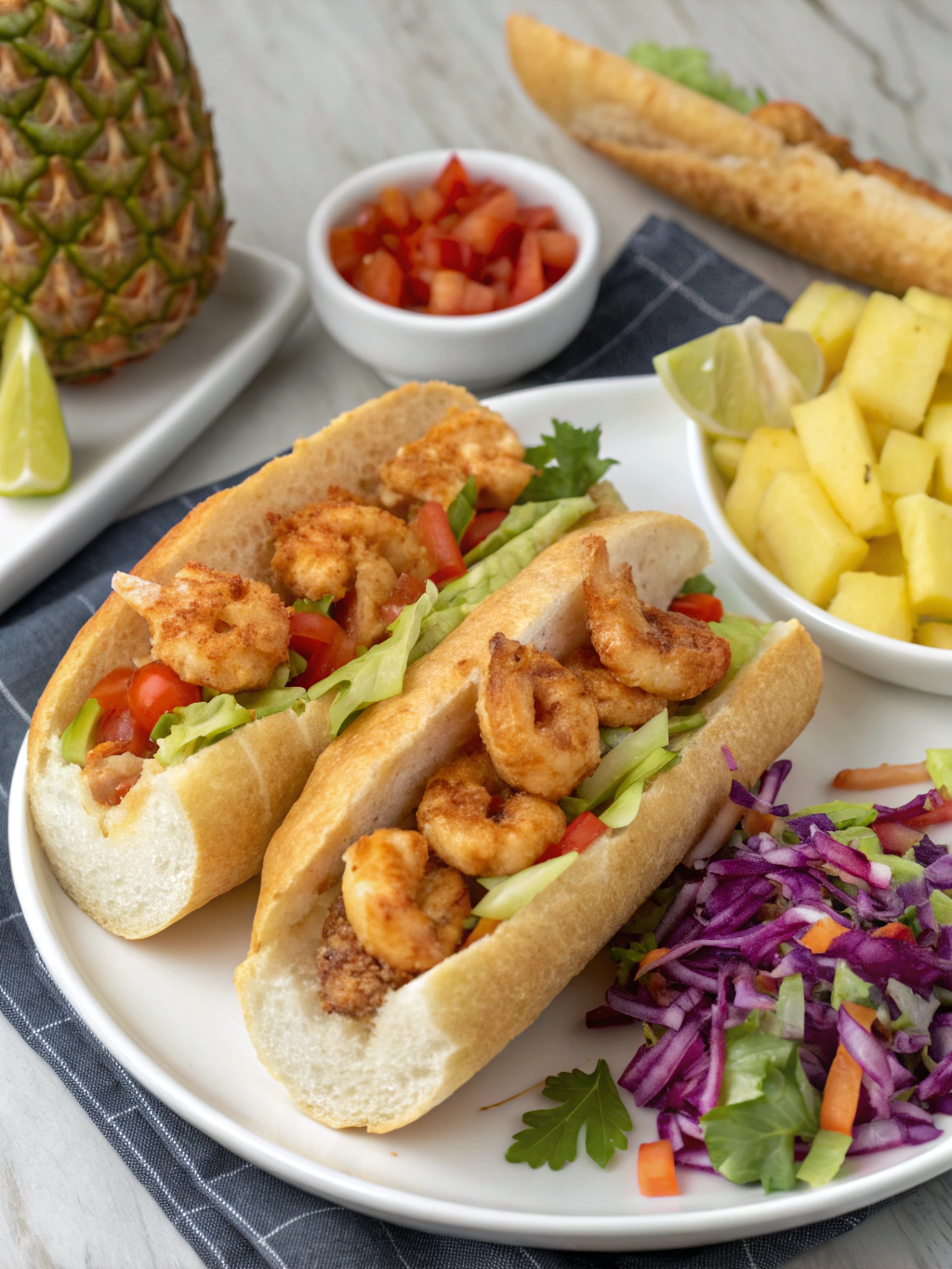 Ingredients for Shrimp Po'Boys with Pineapple Slaw laid out on a kitchen counter