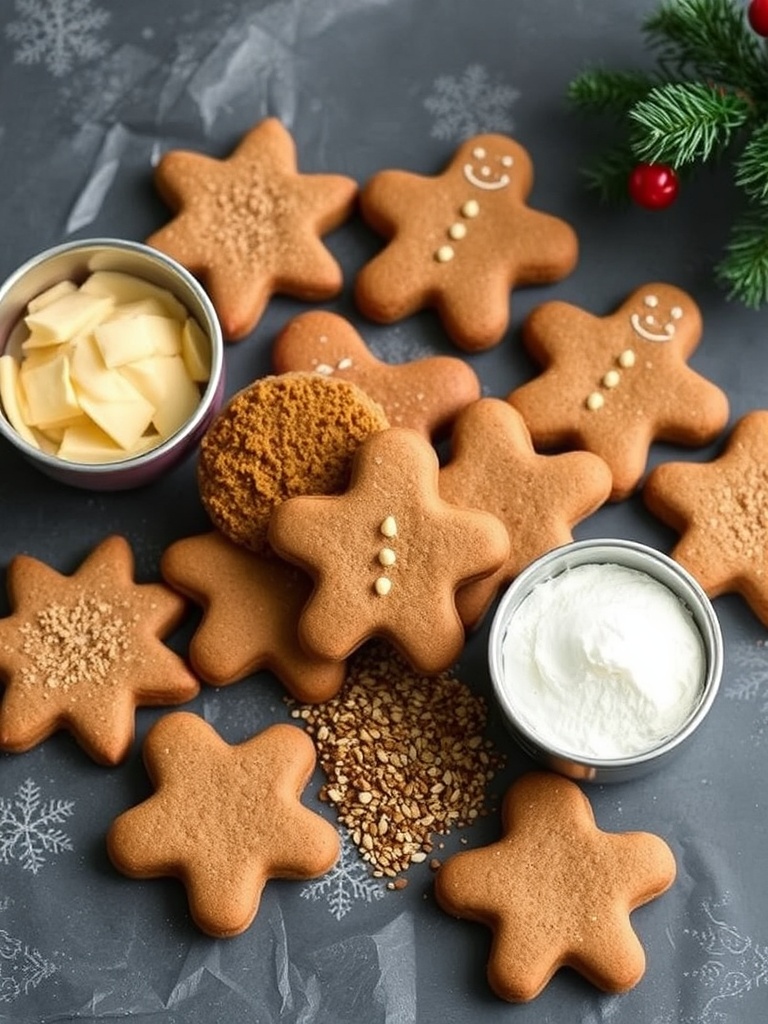 Ingredients for Soft Gingerbread Christmas Cookies laid out on a wooden table