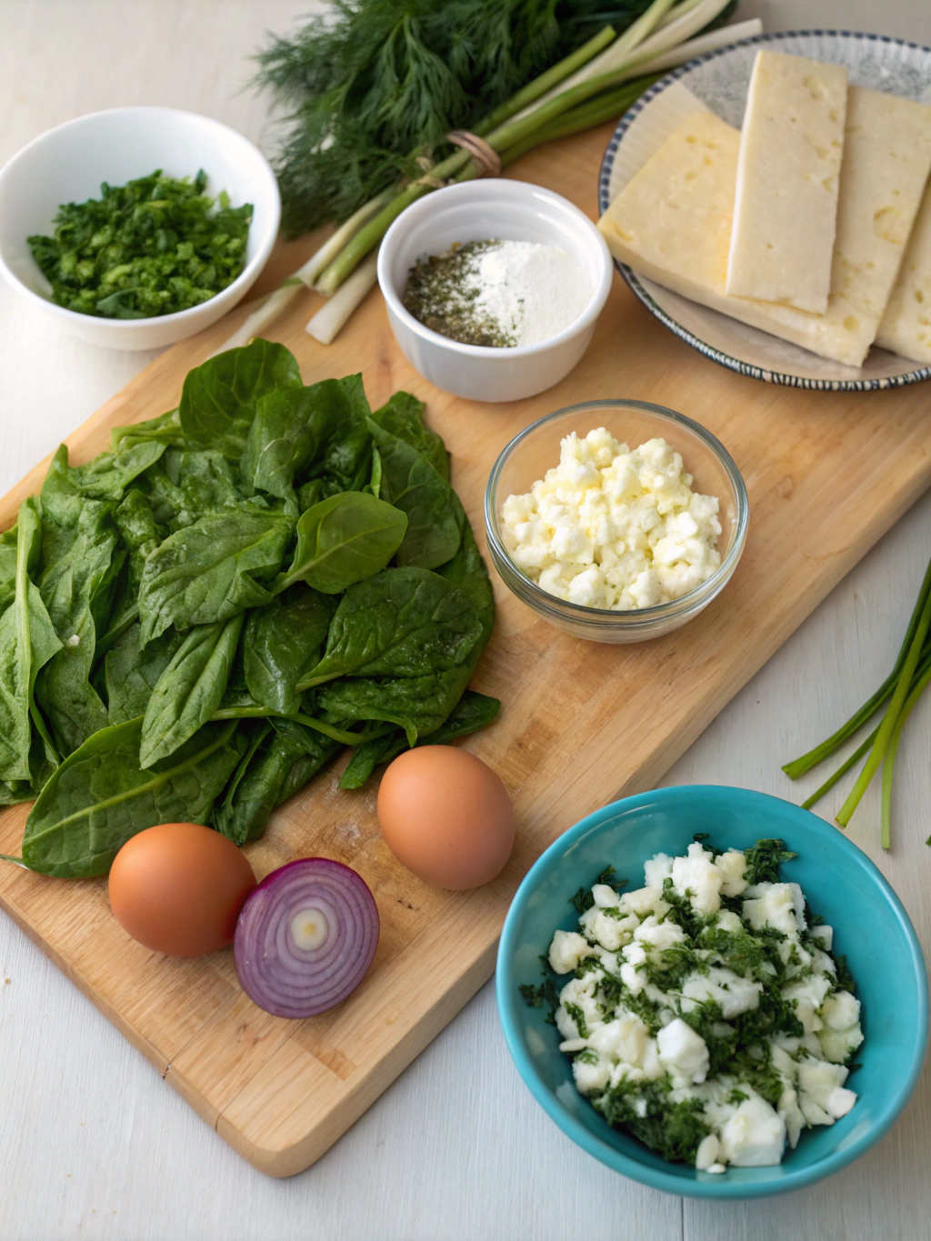 Ingredients for Spanakopita Greek Spinach Pie laid out on a wooden table